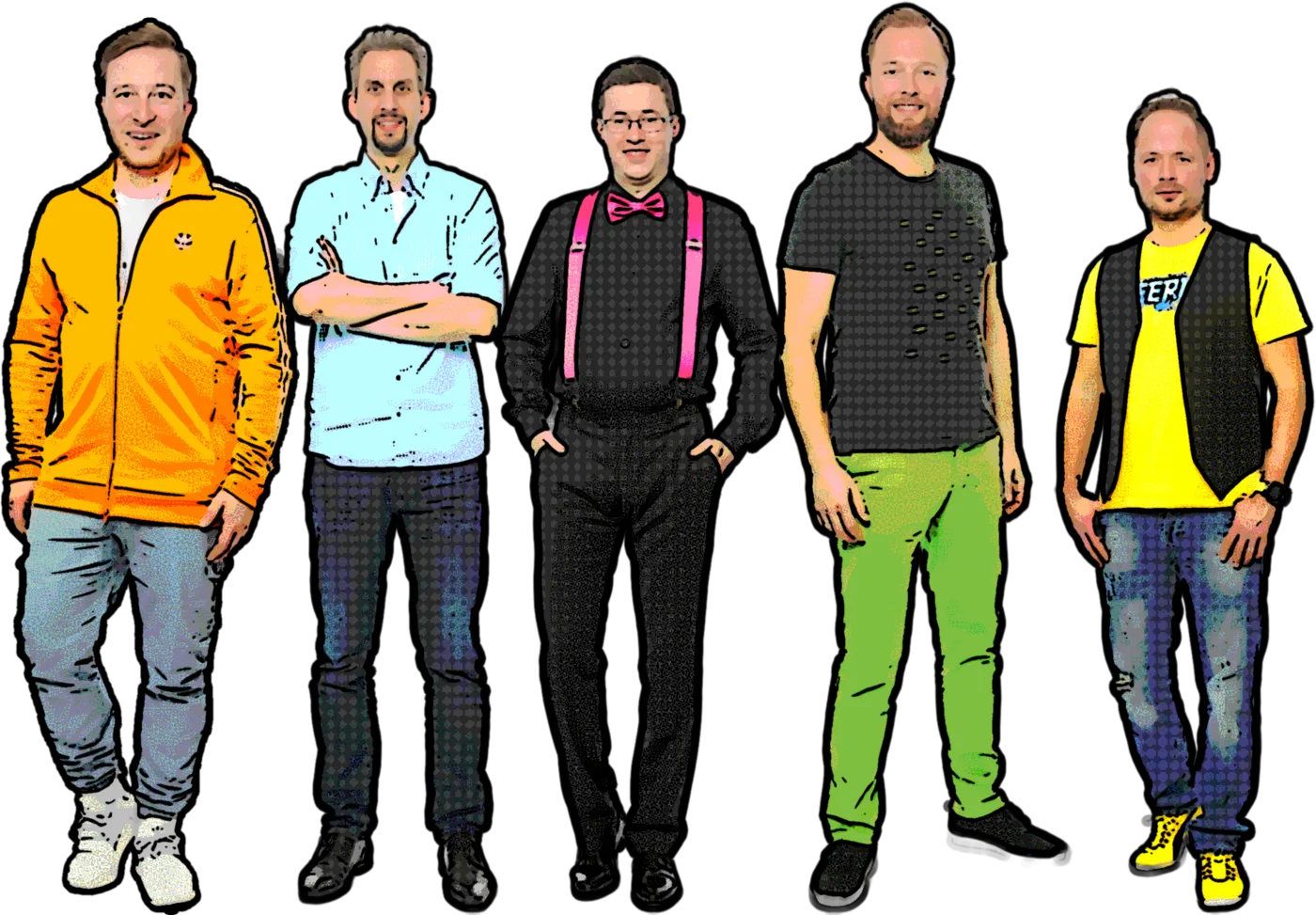 Die Band als Comic: Jo, Chrissi, Christian, Kerem und Max